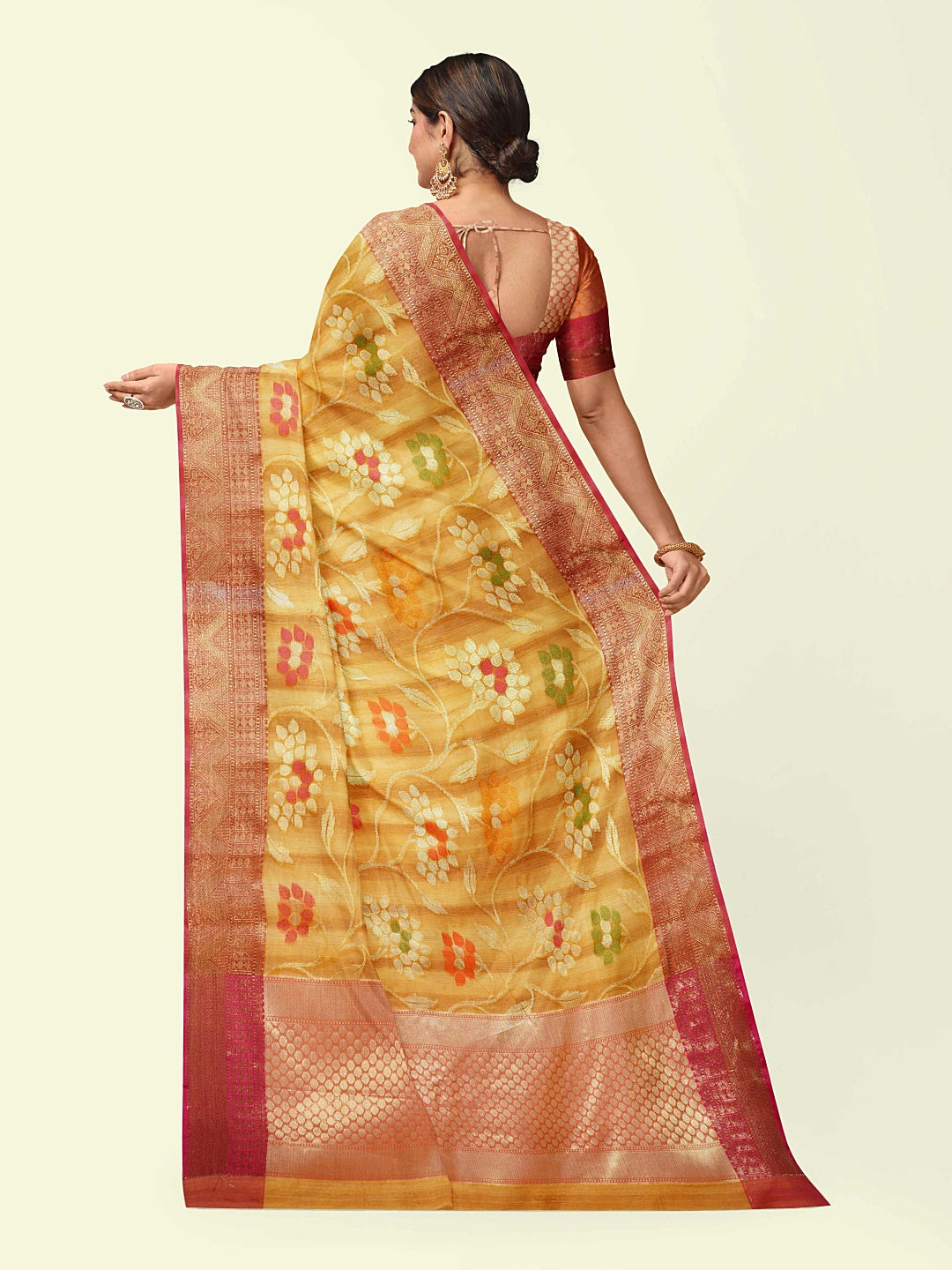 Faishana Presents Woven Brown Matka Silk Tilfi Jaal Zari Border With Orange Blouse Banarasi Saree