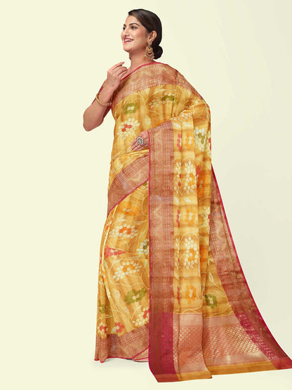 Faishana Presents Woven Brown Matka Silk Tilfi Jaal Zari Border With Orange Blouse Banarasi Saree