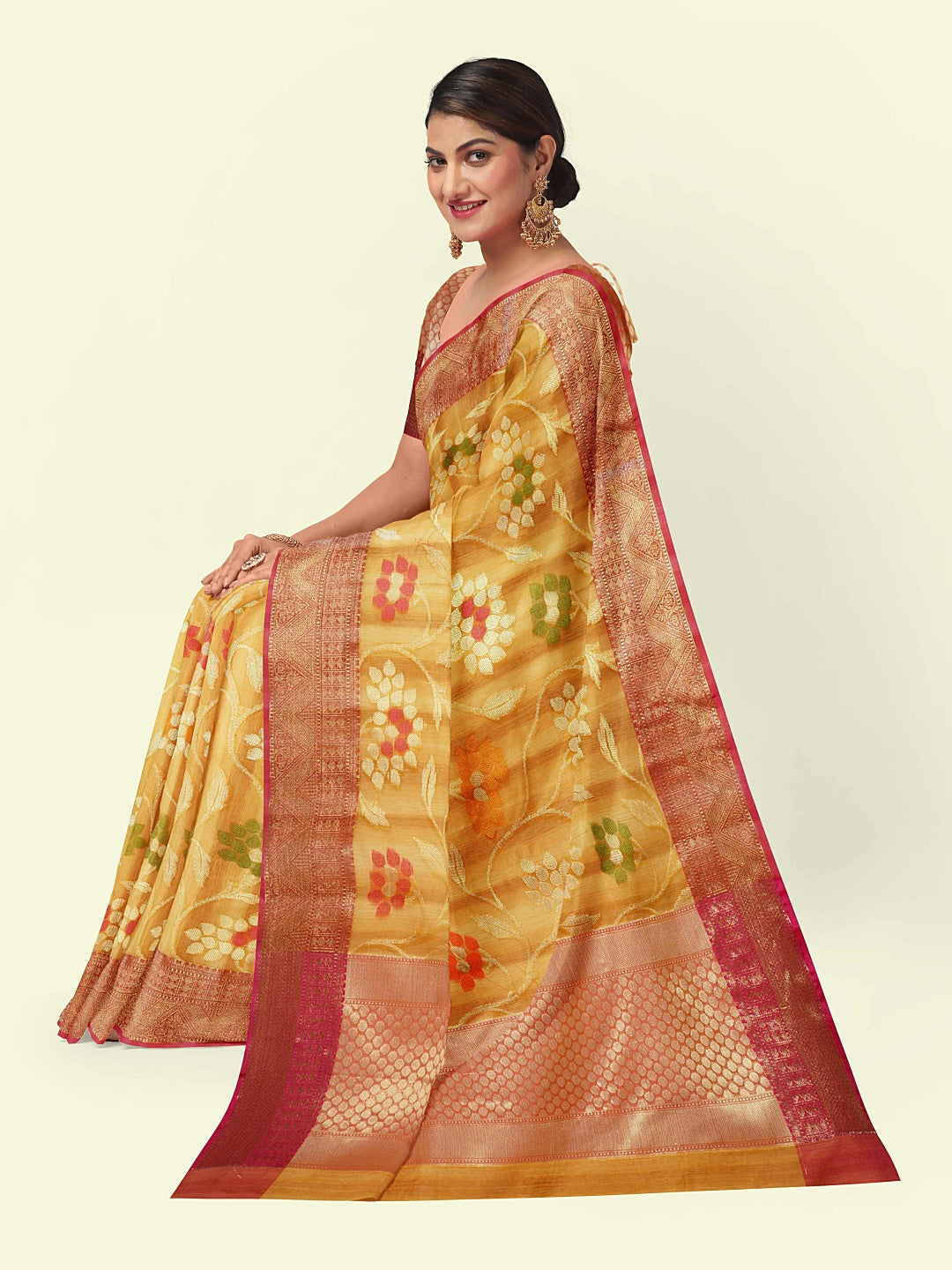 Faishana Presents Woven Brown Matka Silk Tilfi Jaal Zari Border With Orange Blouse Banarasi Saree