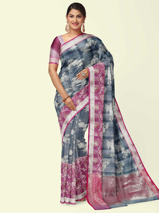 Faishana Presents Grey Matka Silk Floral Jaal Skirt Border With Pink Blouse Banarasi Saree