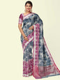 Faishana Presents Grey Matka Silk Floral Jaal Skirt Border With Pink Blouse Banarasi Saree