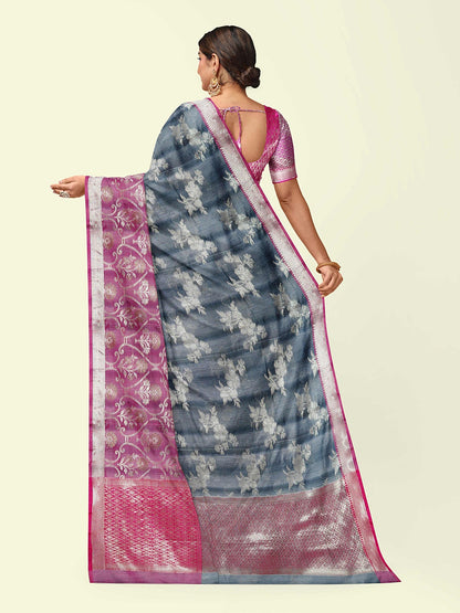 Faishana Presents Grey Matka Silk Floral Jaal Skirt Border With Pink Blouse Banarasi Saree