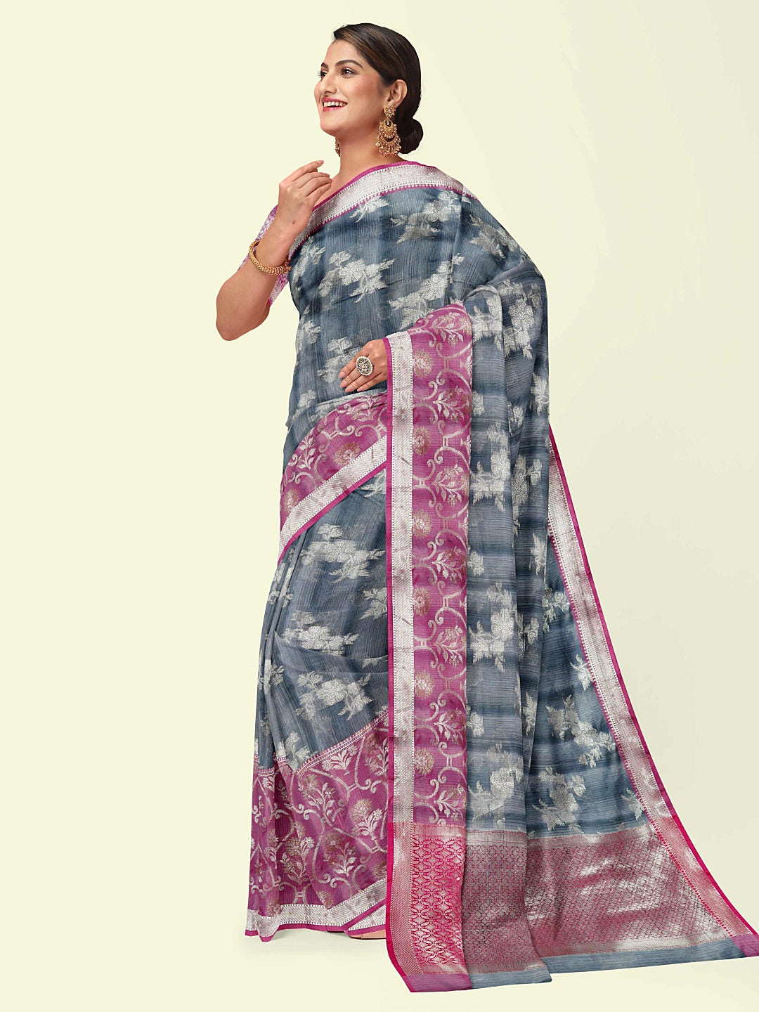 Faishana Presents Grey Matka Silk Floral Jaal Skirt Border With Pink Blouse Banarasi Saree