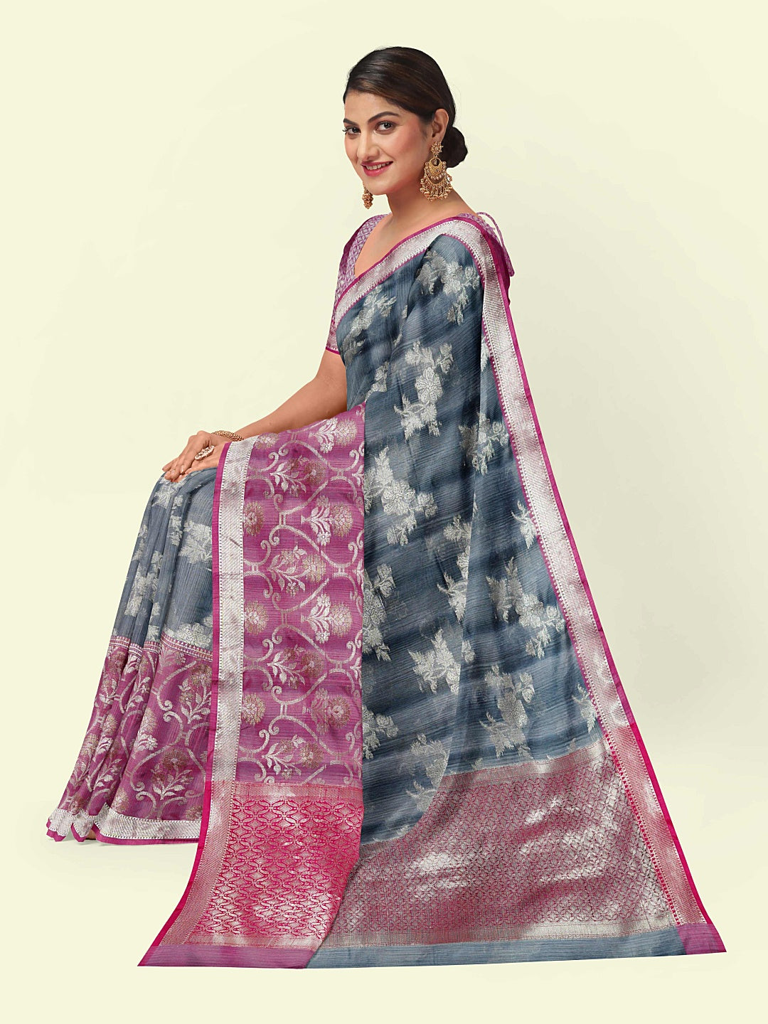 Faishana Presents Grey Matka Silk Floral Jaal Skirt Border With Pink Blouse Banarasi Saree