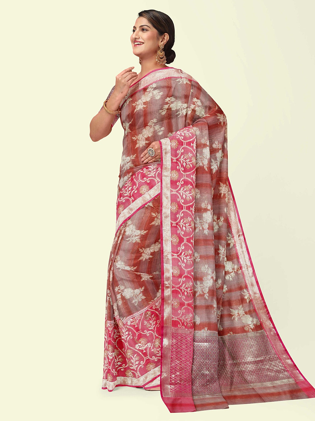 Faishana Presents Rust Matka Silk Floral Jaal Skirt Border With Pink Blouse Banarasi Saree
