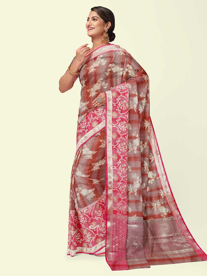 Faishana Presents Rust Matka Silk Floral Jaal Skirt Border With Pink Blouse Banarasi Saree