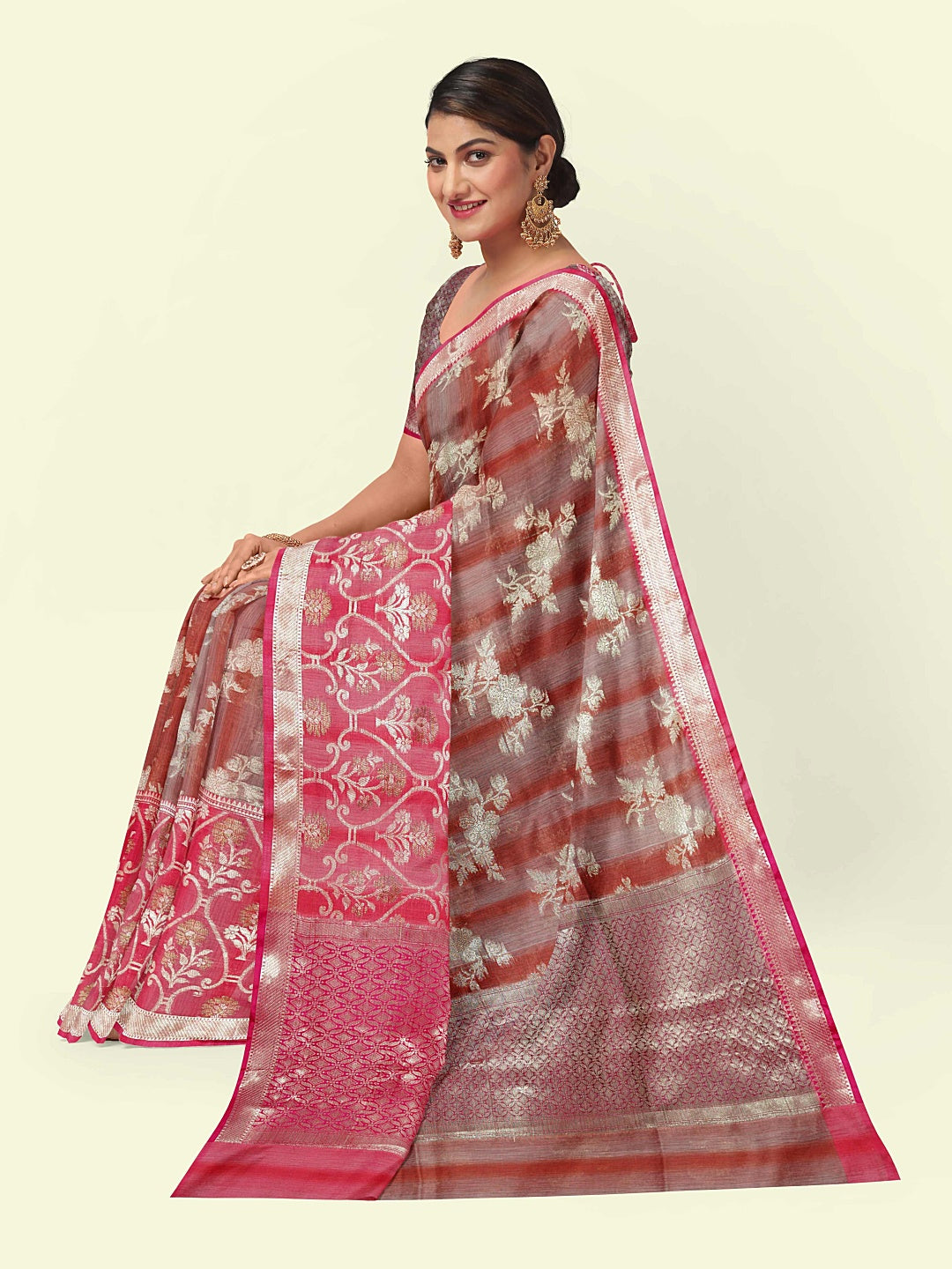 Faishana Presents Rust Matka Silk Floral Jaal Skirt Border With Pink Blouse Banarasi Saree