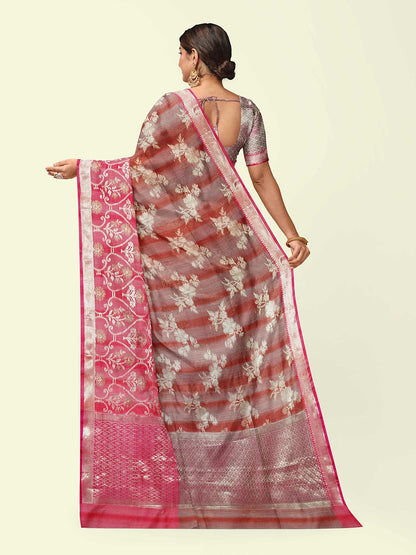 Faishana Presents Rust Matka Silk Floral Jaal Skirt Border With Pink Blouse Banarasi Saree
