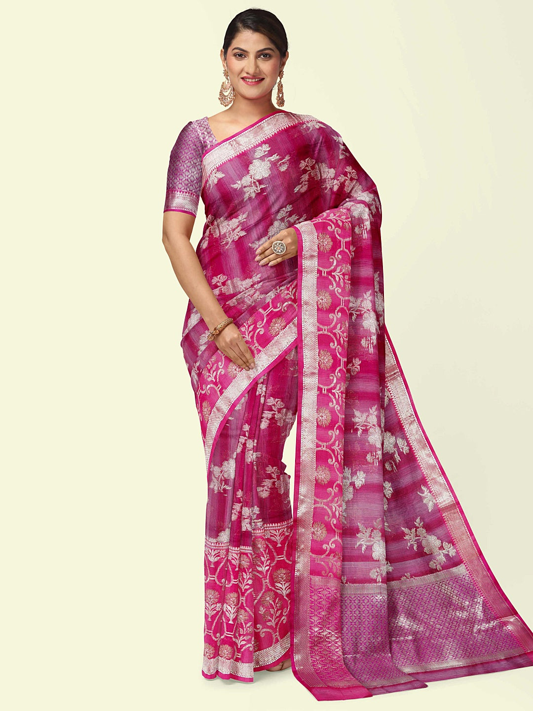 Faishana Presents Magenta Matka Silk Floral Jaal Skirt Border With Pink Blouse Banarasi Saree