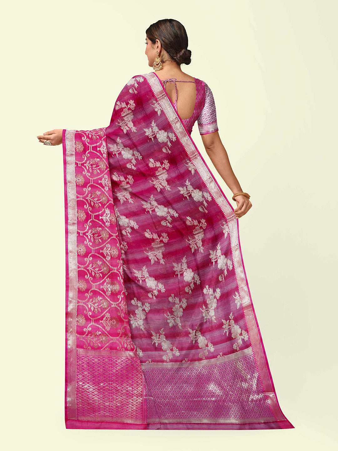 Faishana Presents Magenta Matka Silk Floral Jaal Skirt Border With Pink Blouse Banarasi Saree