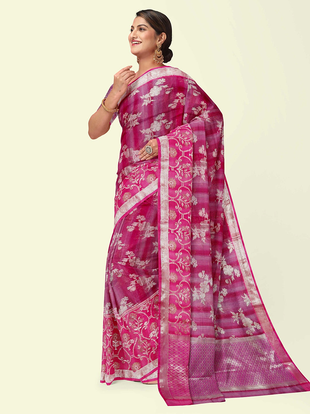 Faishana Presents Magenta Matka Silk Floral Jaal Skirt Border With Pink Blouse Banarasi Saree