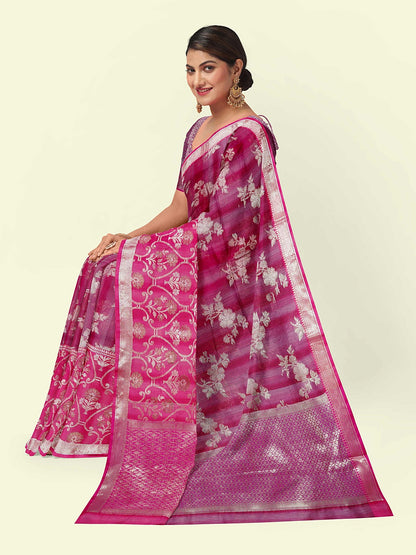 Faishana Presents Magenta Matka Silk Floral Jaal Skirt Border With Pink Blouse Banarasi Saree
