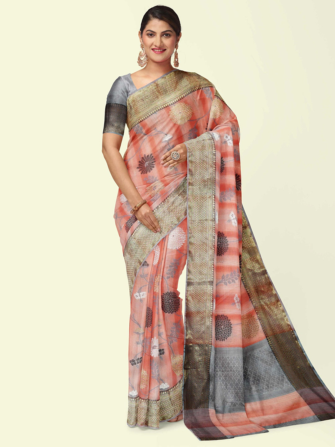 Faishana Presents Peach Matka Silk Boota Skirt Border With Grey Blouse Banarasi Saree