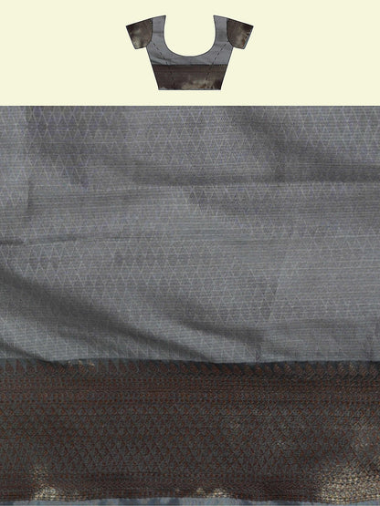 Faishana Presents Peach Matka Silk Boota Skirt Border With Grey Blouse Banarasi Saree