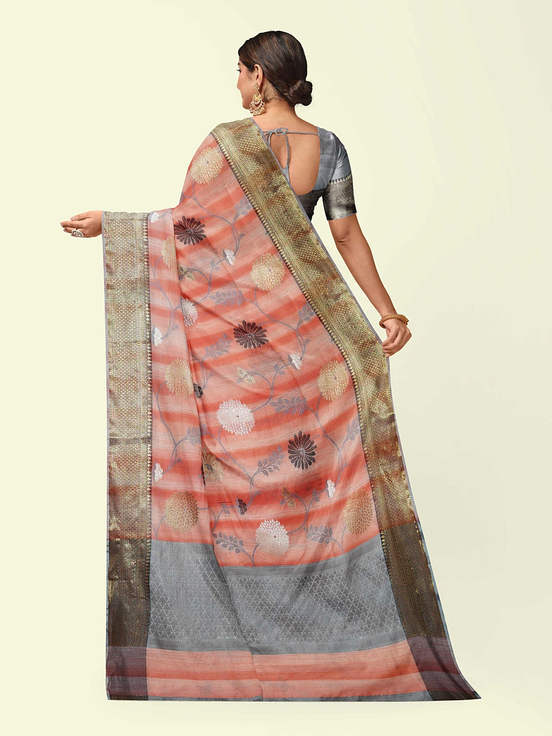 Faishana Presents Peach Matka Silk Boota Skirt Border With Grey Blouse Banarasi Saree