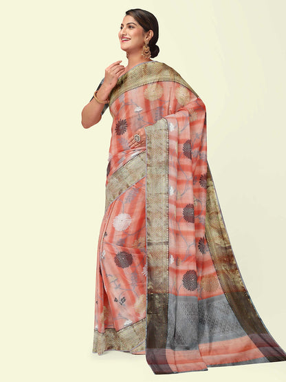Faishana Presents Peach Matka Silk Boota Skirt Border With Grey Blouse Banarasi Saree