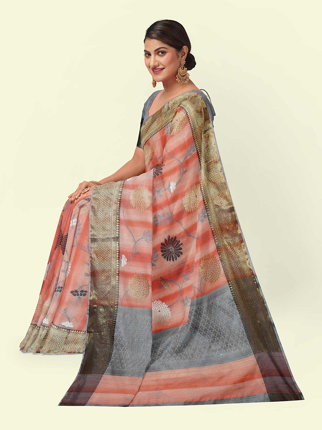 Faishana Presents Peach Matka Silk Boota Skirt Border With Grey Blouse Banarasi Saree