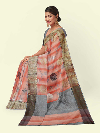 Faishana Presents Peach Matka Silk Boota Skirt Border With Grey Blouse Banarasi Saree