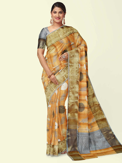 Faishana Presents Brown Matka Silk Boota Skirt Border With Grey Blouse Banarasi Saree