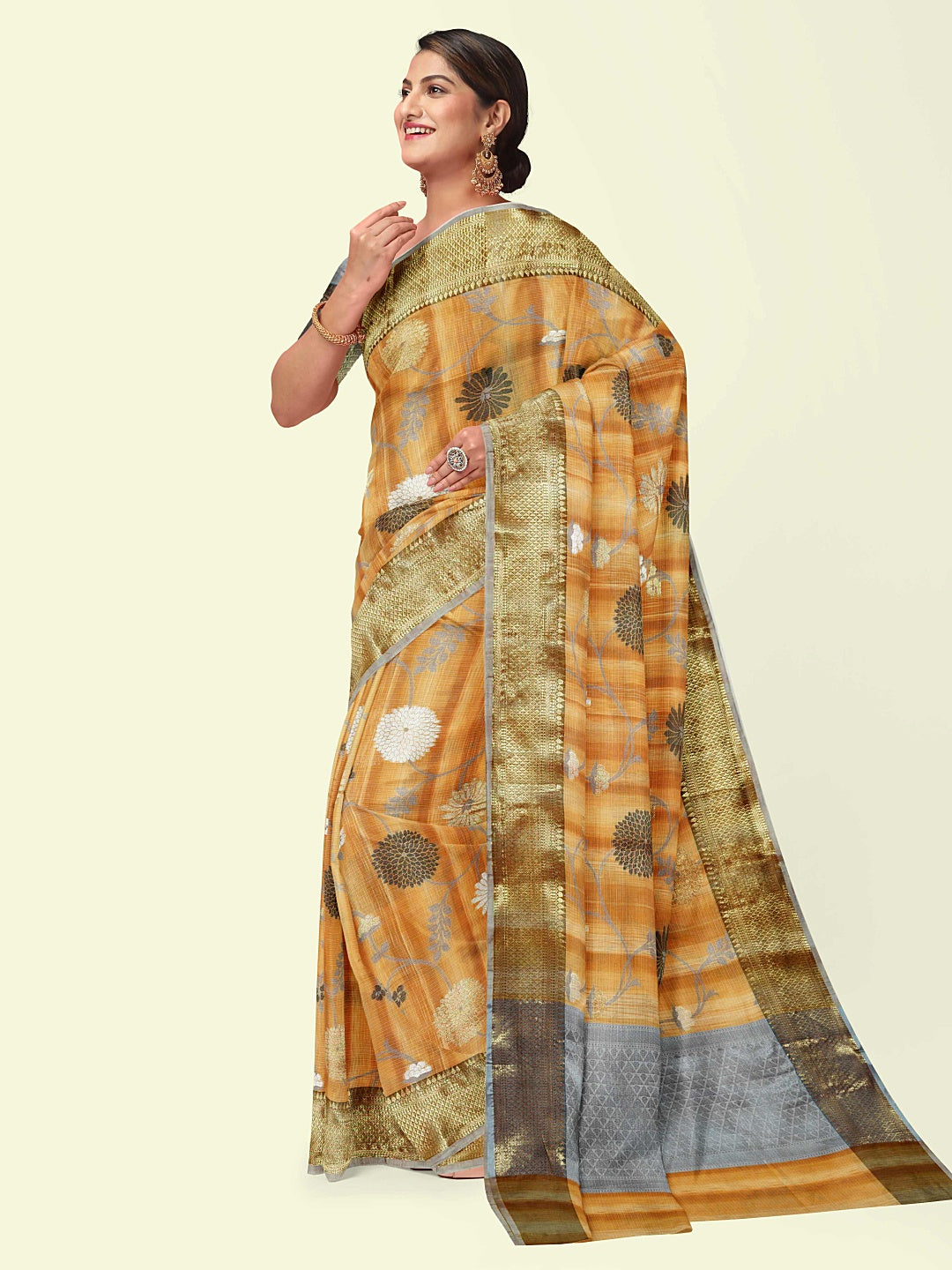 Faishana Presents Brown Matka Silk Boota Skirt Border With Grey Blouse Banarasi Saree