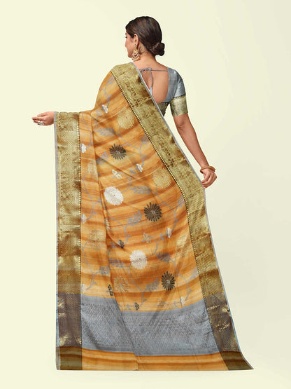 Faishana Presents Brown Matka Silk Boota Skirt Border With Grey Blouse Banarasi Saree