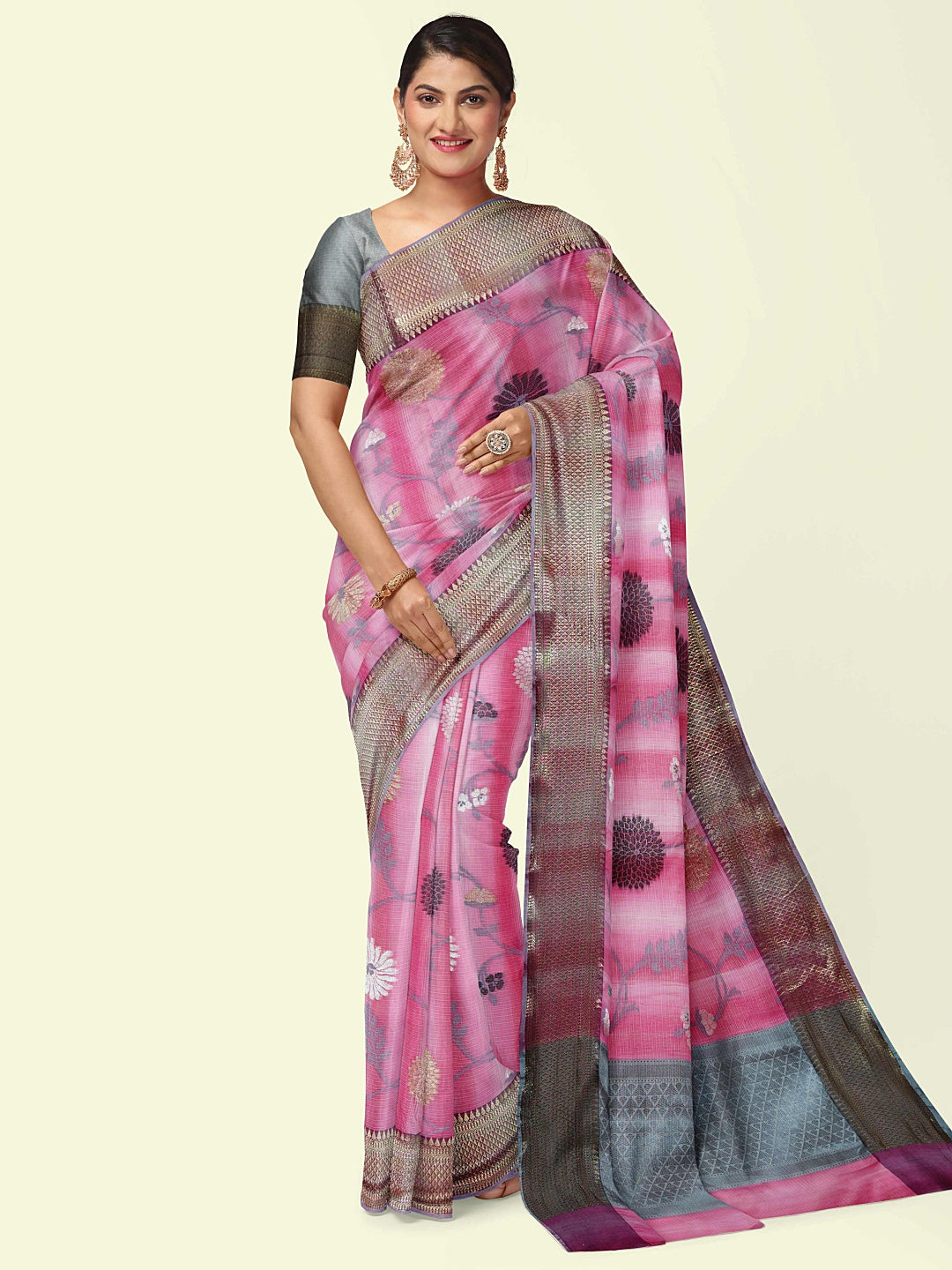 Faishana Presents Pink Matka Silk Boota Skirt Border With Grey Blouse Banarasi Saree