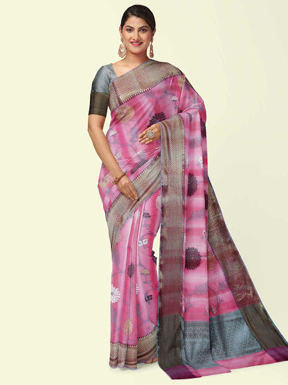 Faishana Presents Pink Matka Silk Boota Skirt Border With Grey Blouse Banarasi Saree