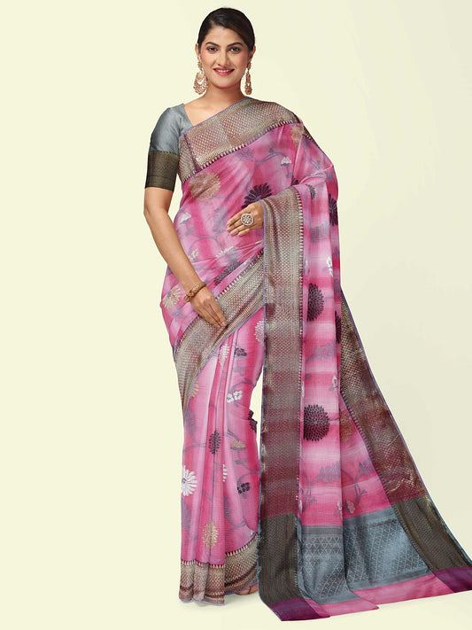 Faishana Presents Pink Matka Silk Boota Skirt Border With Grey Blouse Banarasi Saree