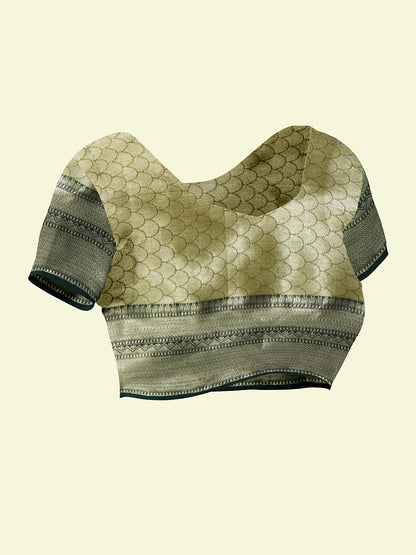 Faishana Presents Woven Grey Matka Silk Tilfi Boota Zari Border With Green Blouse Banarasi Saree