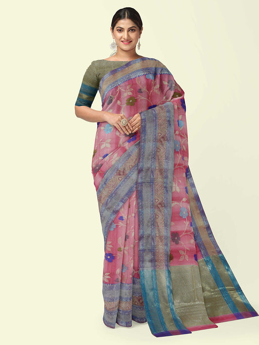 Faishana Presents Woven Pink Matka Silk Tilfi Jaal Skirt Border With Grey Blouse Banarasi Saree