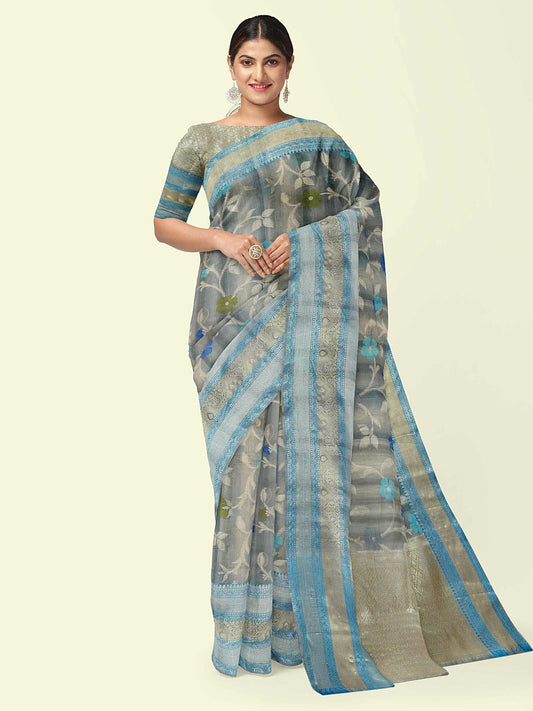 Faishana Presents Grey Matka Silk Tilfi Jaal Skirt Border With Grey Blouse Banarasi Saree