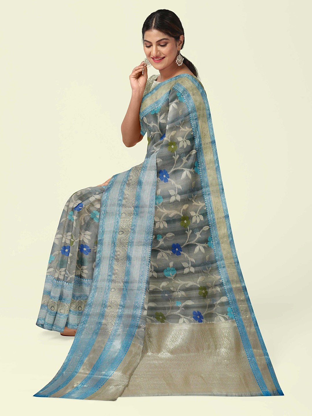 Faishana Presents Grey Matka Silk Tilfi Jaal Skirt Border With Grey Blouse Banarasi Saree