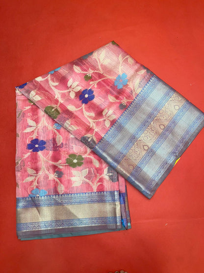 Faishana Presents Woven Pink Matka Silk Tilfi Jaal Skirt Border With Grey Blouse Banarasi Saree