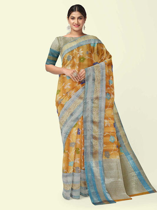Faishana Presents Brown Matka Silk Tilfi Jaal Skirt Border With Grey Blouse Banarasi Saree