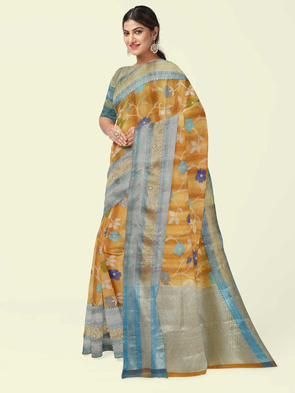 Faishana Presents Brown Matka Silk Tilfi Jaal Skirt Border With Grey Blouse Banarasi Saree