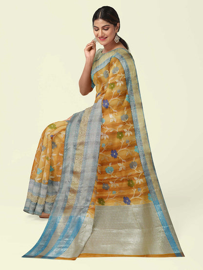 Faishana Presents Brown Matka Silk Tilfi Jaal Skirt Border With Grey Blouse Banarasi Saree