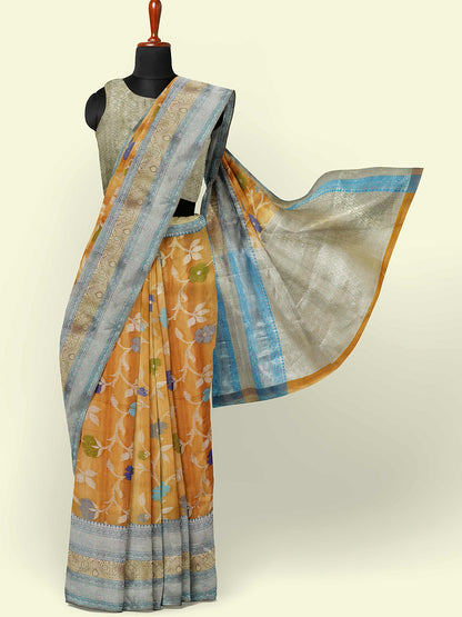 Faishana Presents Brown Matka Silk Tilfi Jaal Skirt Border With Grey Blouse Banarasi Saree