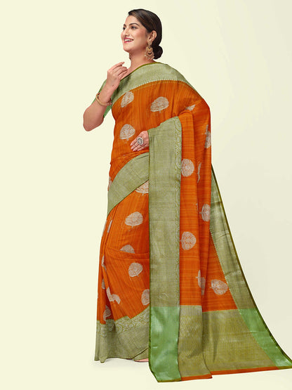 Faishana Presents Woven Orange Matka Silk Boota Zari Border With Green Blouse Banarasi Saree