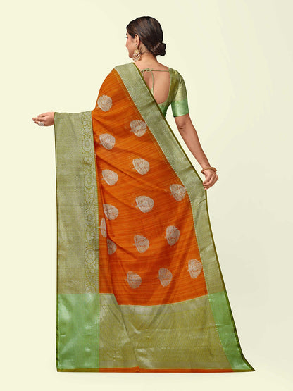 Faishana Presents Woven Orange Matka Silk Boota Zari Border With Green Blouse Banarasi Saree