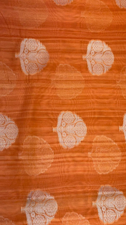 Faishana Presents Woven Orange Matka Silk Boota Zari Border With Green Blouse Banarasi Saree