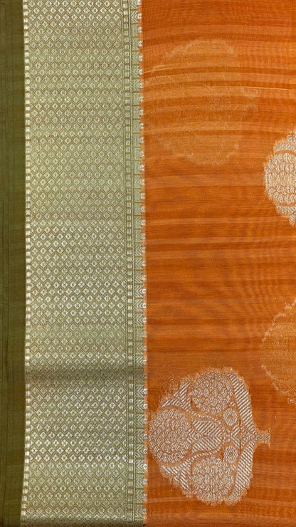 Faishana Presents Woven Orange Matka Silk Boota Zari Border With Green Blouse Banarasi Saree
