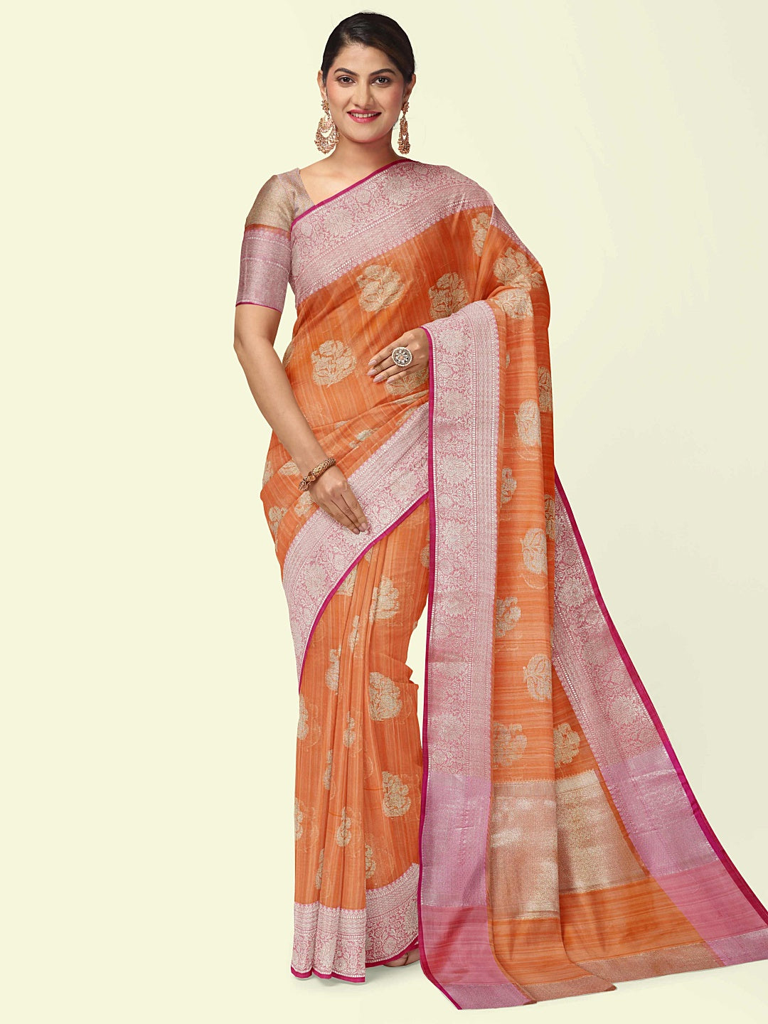 Faishana Presents Peach Matka Silk Boota Skirt Border With Peach Blouse Banarasi Saree