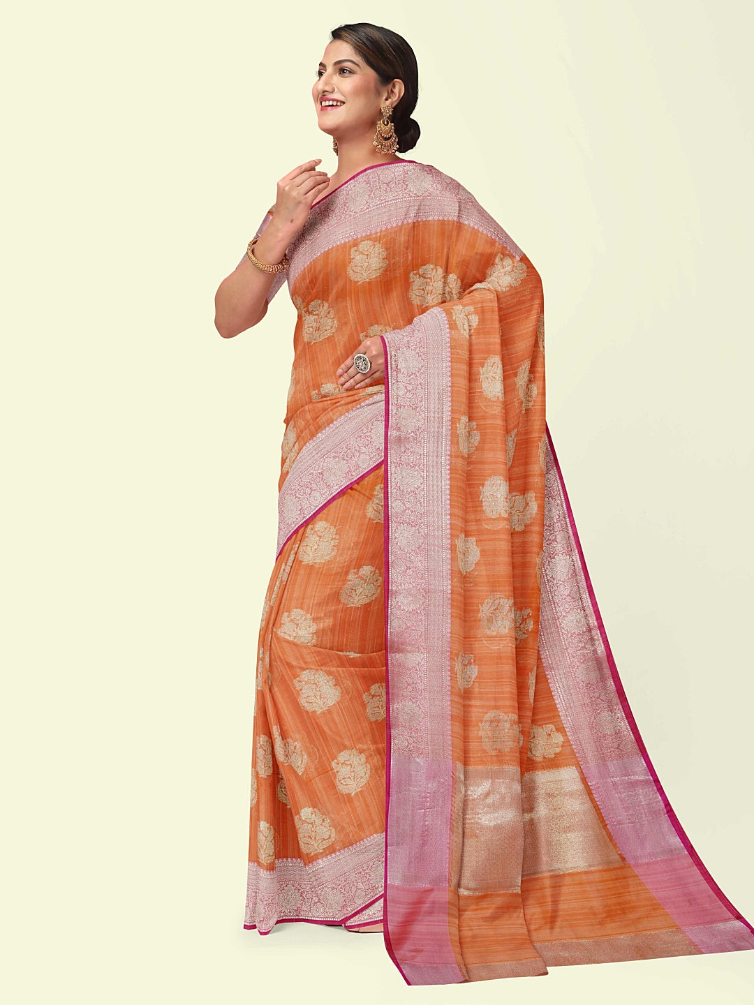 Faishana Presents Peach Matka Silk Boota Skirt Border With Peach Blouse Banarasi Saree