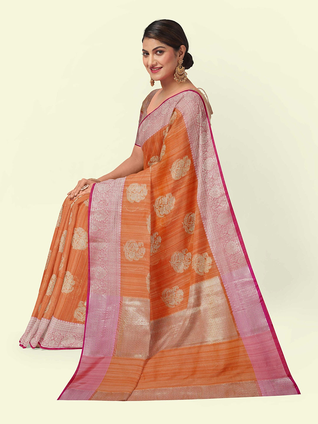 Faishana Presents Peach Matka Silk Boota Skirt Border With Peach Blouse Banarasi Saree