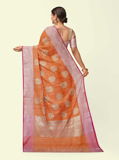 Faishana Presents Peach Matka Silk Boota Skirt Border With Peach Blouse Banarasi Saree