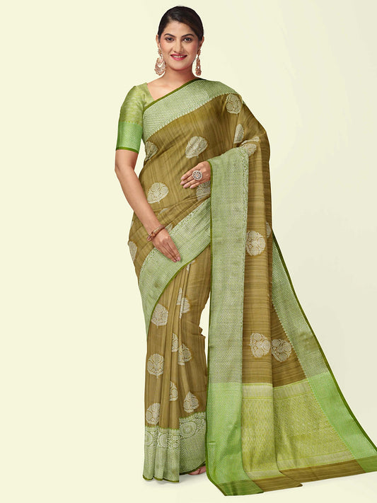 ishana Presents Woven Brown Matka Silk Boota Zari Border With Parrot Green Blouse Banarasi Saree
