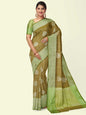 ishana Presents Woven Brown Matka Silk Boota Zari Border With Parrot Green Blouse Banarasi Saree