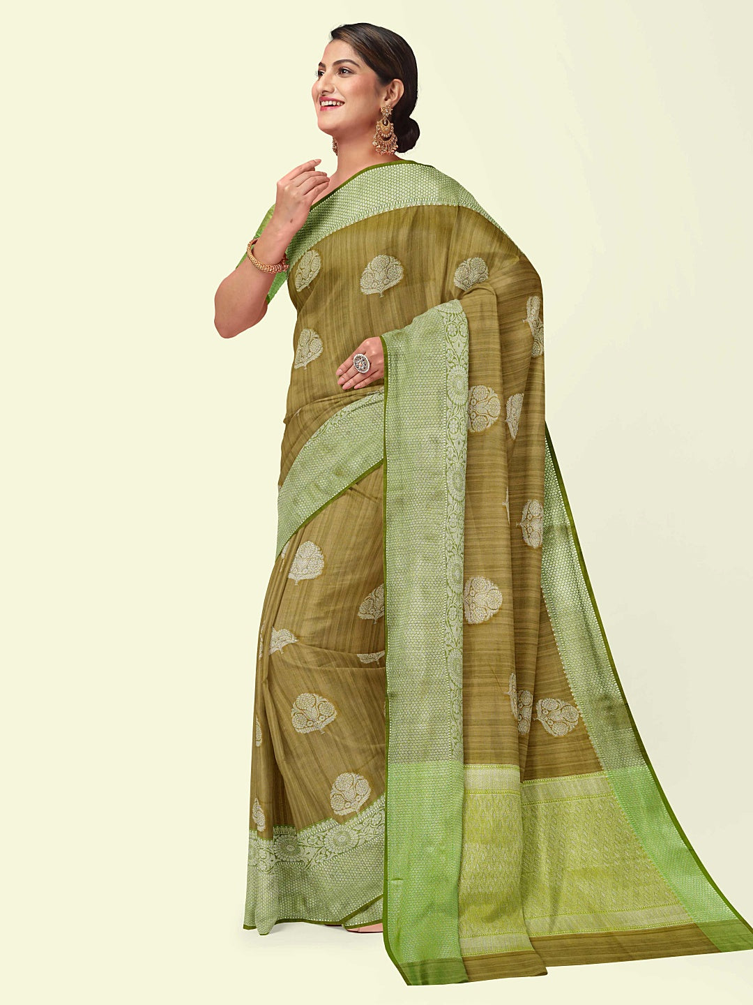 ishana Presents Woven Brown Matka Silk Boota Zari Border With Parrot Green Blouse Banarasi Saree