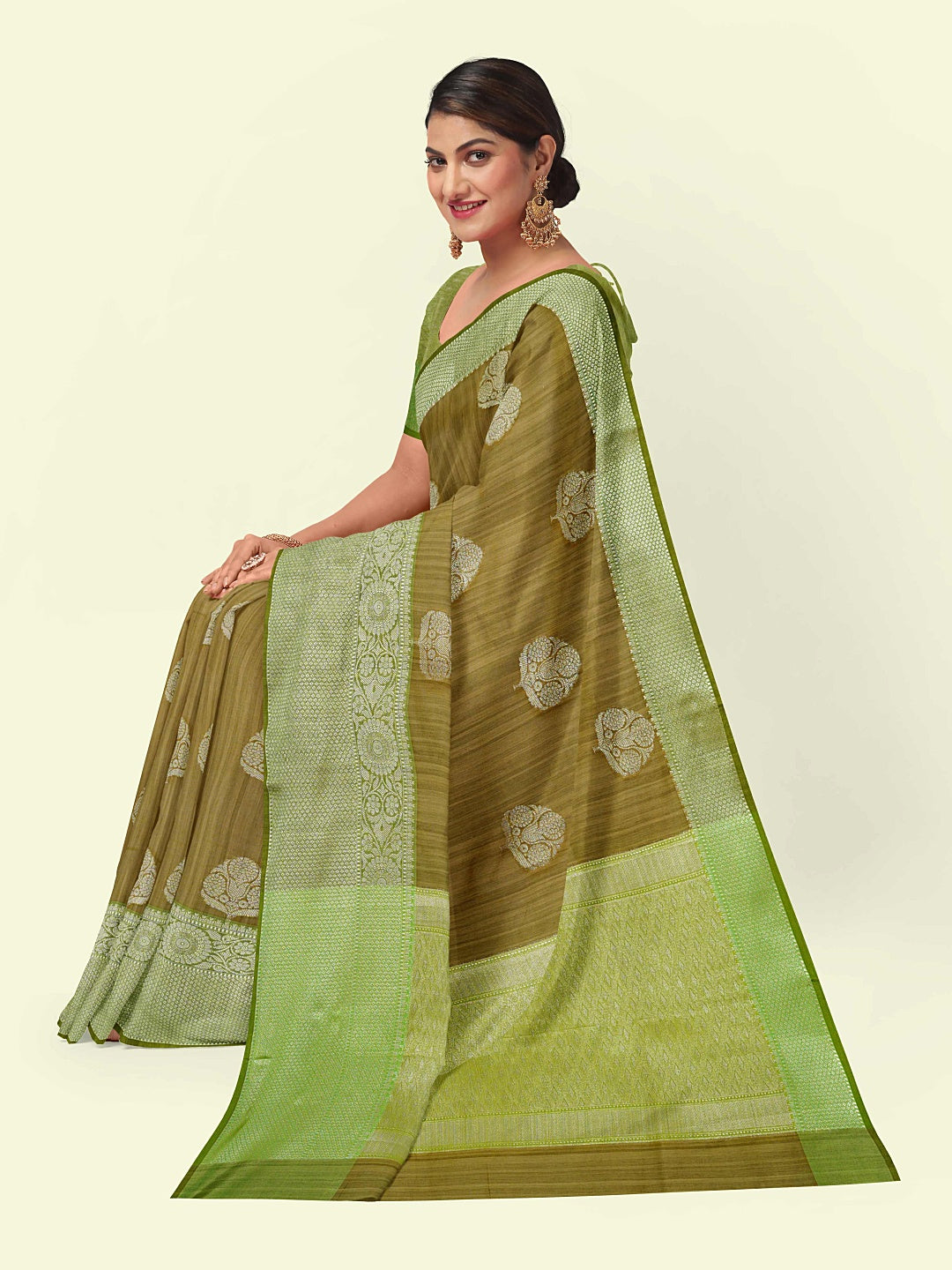 ishana Presents Woven Brown Matka Silk Boota Zari Border With Parrot Green Blouse Banarasi Saree