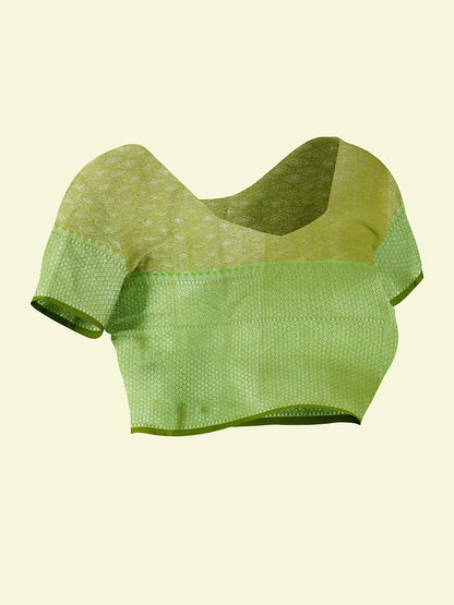 ishana Presents Woven Brown Matka Silk Boota Zari Border With Parrot Green Blouse Banarasi Saree
